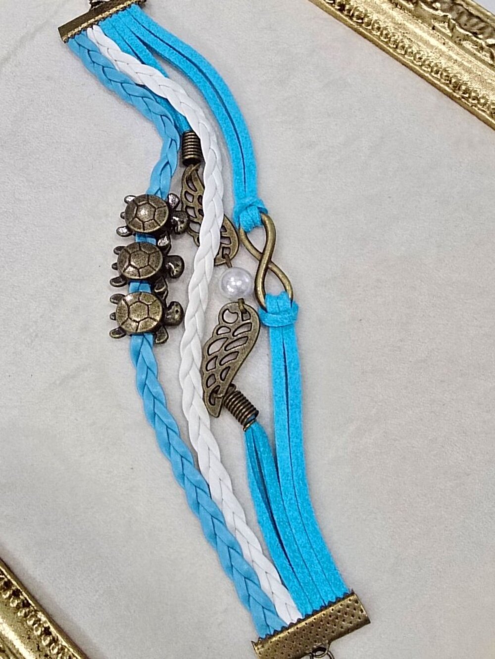 Handmade ✦ Leather Infinity Turtle Charm Bracelet ✦ Blue White Braids Adjustable
